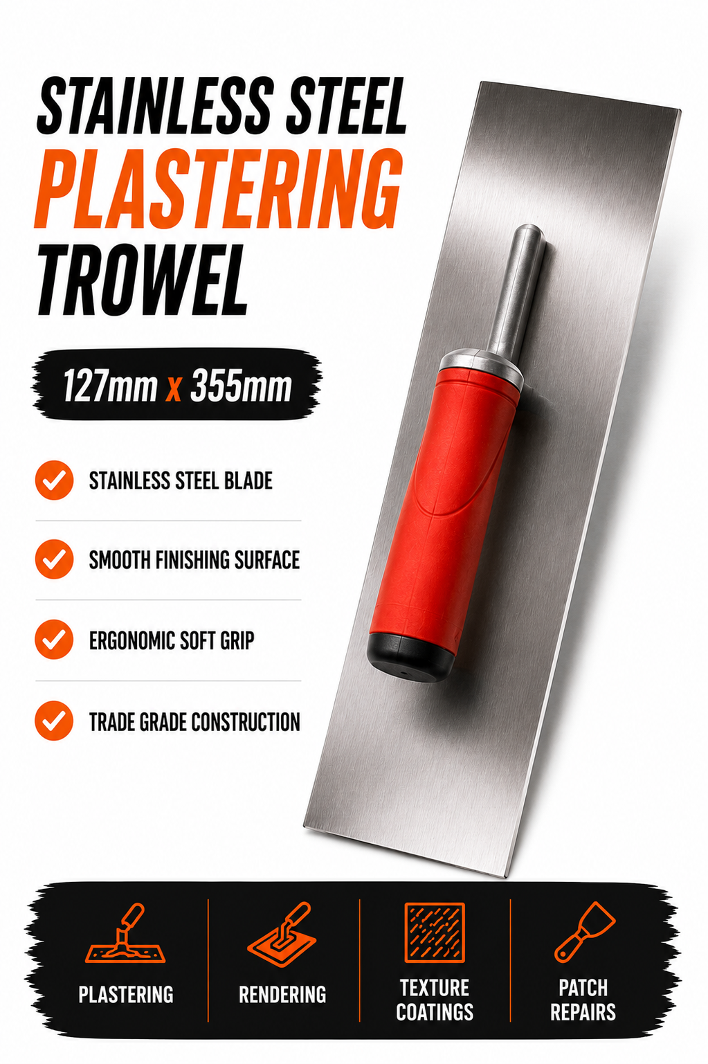 Stainless Steel Plastering Trowel 127mm x 355mm – Professional Finishing Trowel
