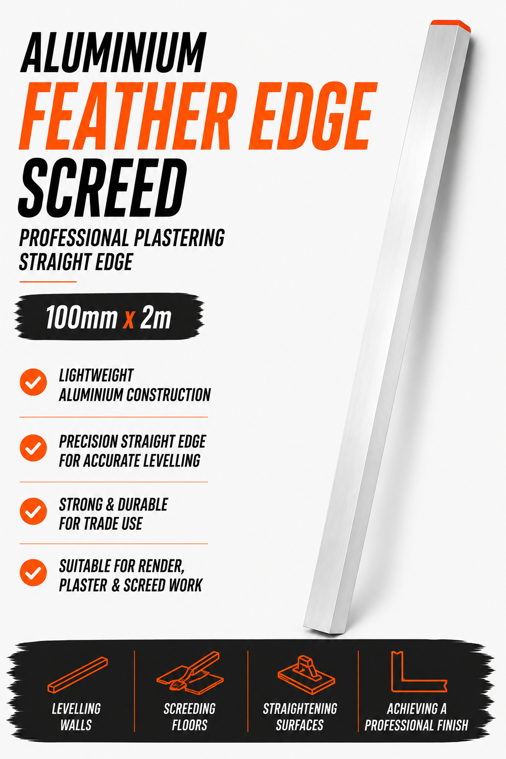 Aluminium Feather Edge Screed 100mm x 2m – Professional Plastering Straight Edge