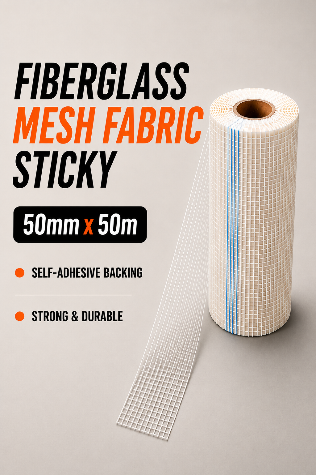 Fibreglass Mesh Tape 50mm x 50m – Self-Adhesive Crack Repair & Reinforcement Tape