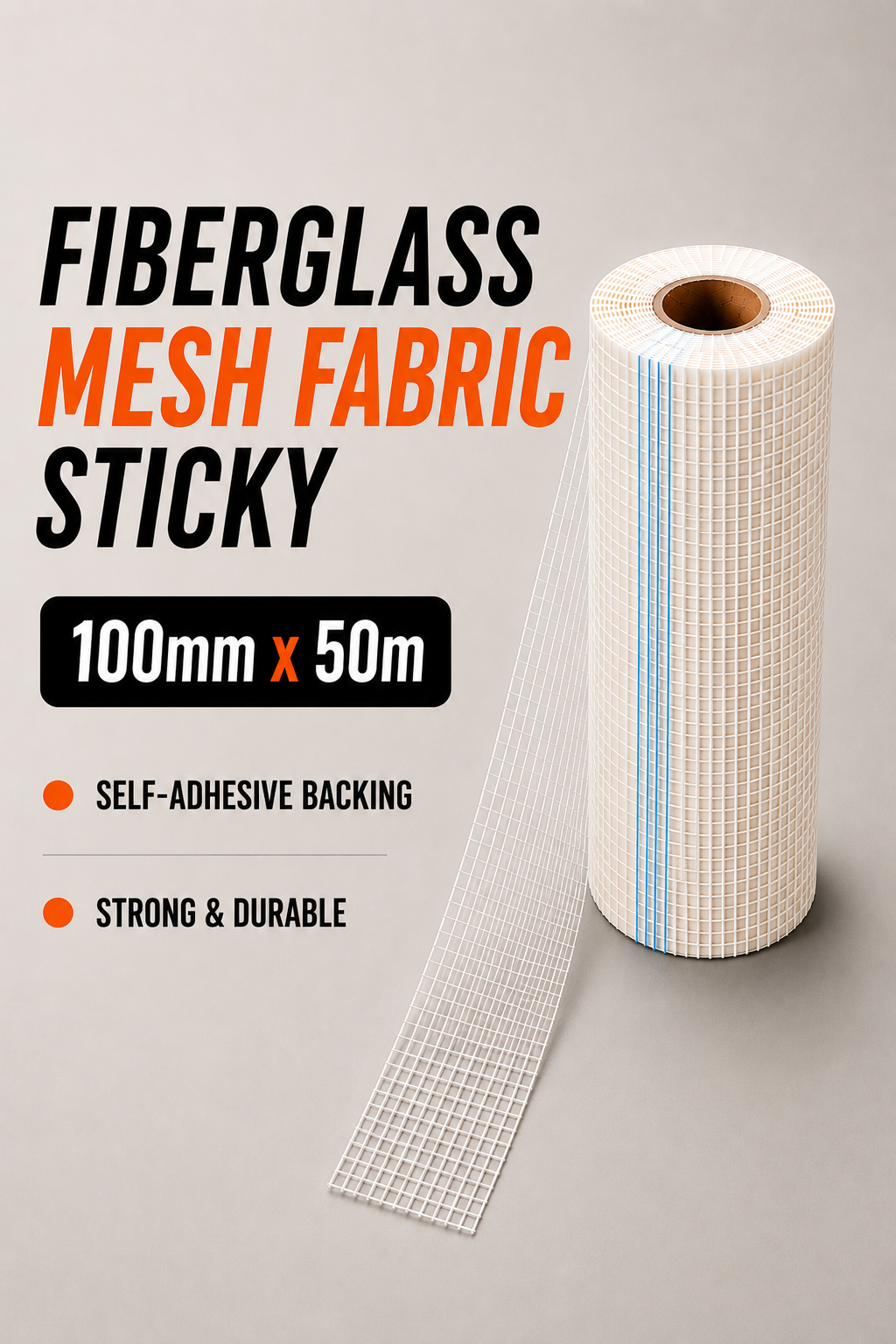 Fibreglass Mesh Fabric 100mm x 50m – Sticky Crack Repair & Reinforcement Tape