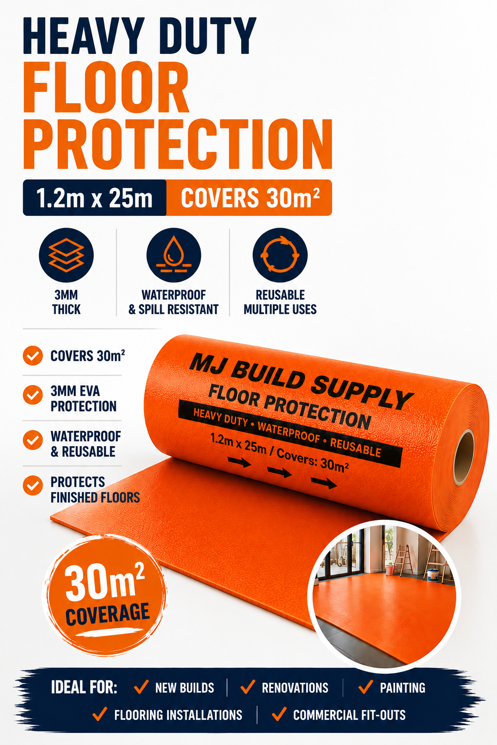 Heavy Duty Floor Protection Film 1.2m x 25m – 30m² Coverage