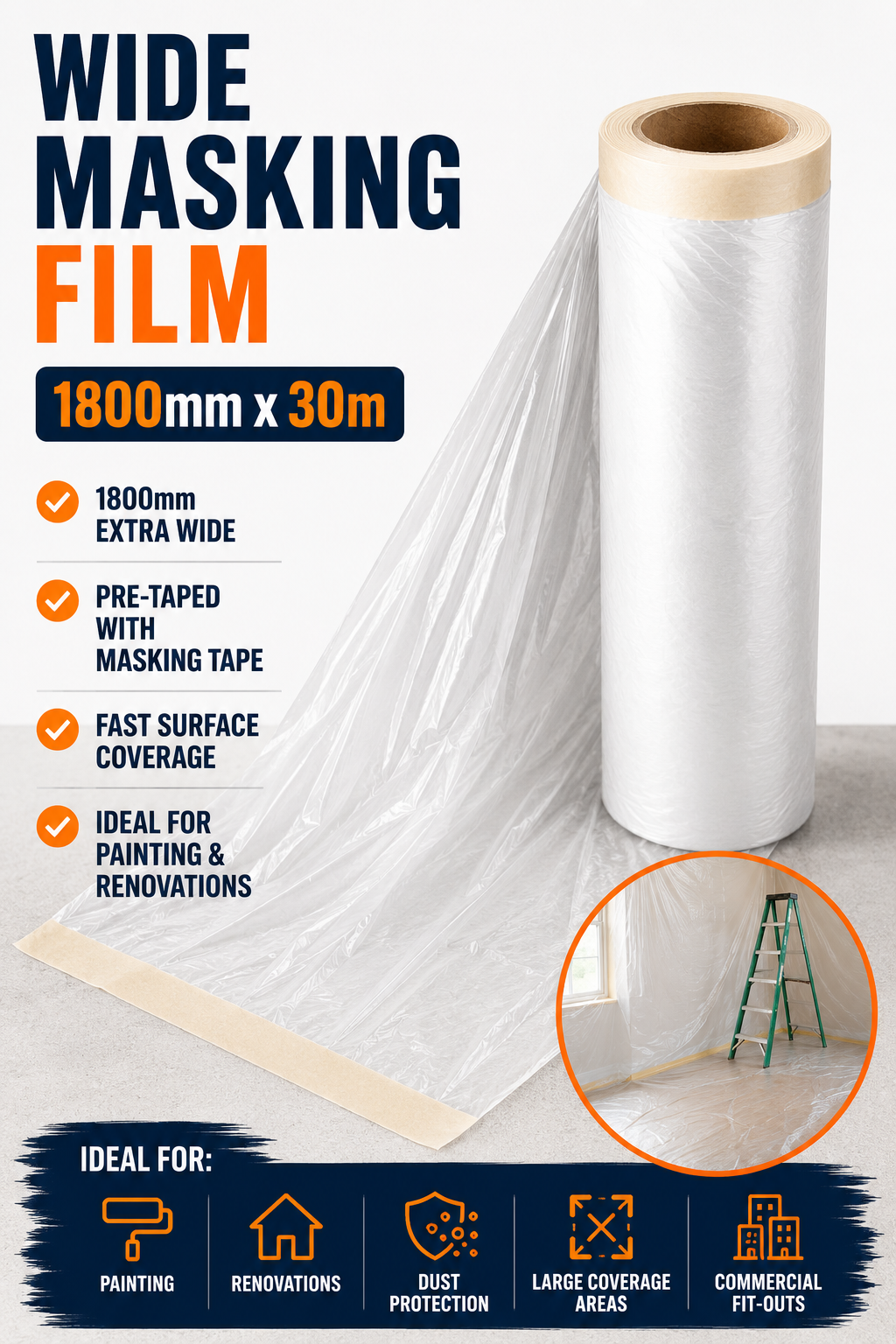 Wide Masking Film 1800mm x 30m – Extra Wide Pre-Taped Surface Protection Film