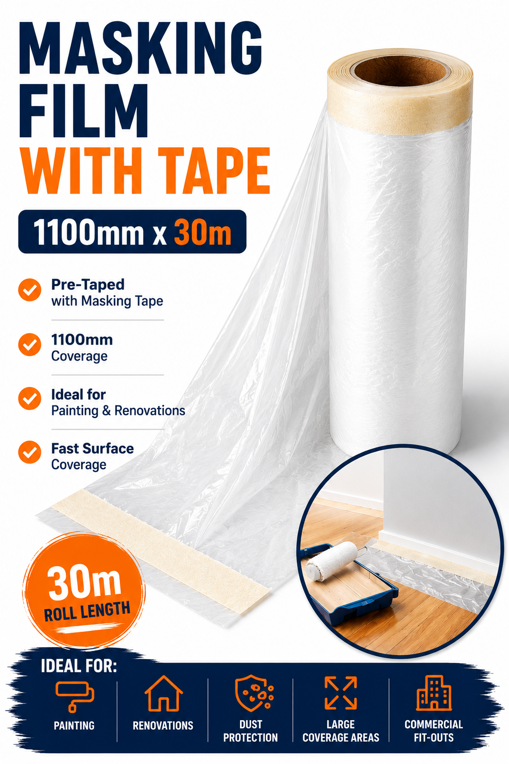 Masking Film with Tape 1100mm x 30m – Premium Surface Protection