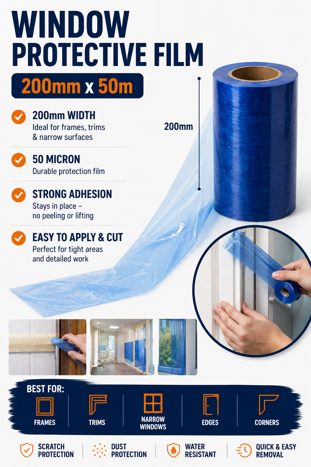 Window Protective Film 200mm x 50m – Narrow Surface Protection Film