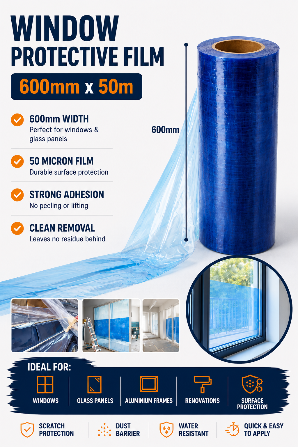 Window Protective Film 600mm x 50m – Blue 50 Micron Surface Protection Film