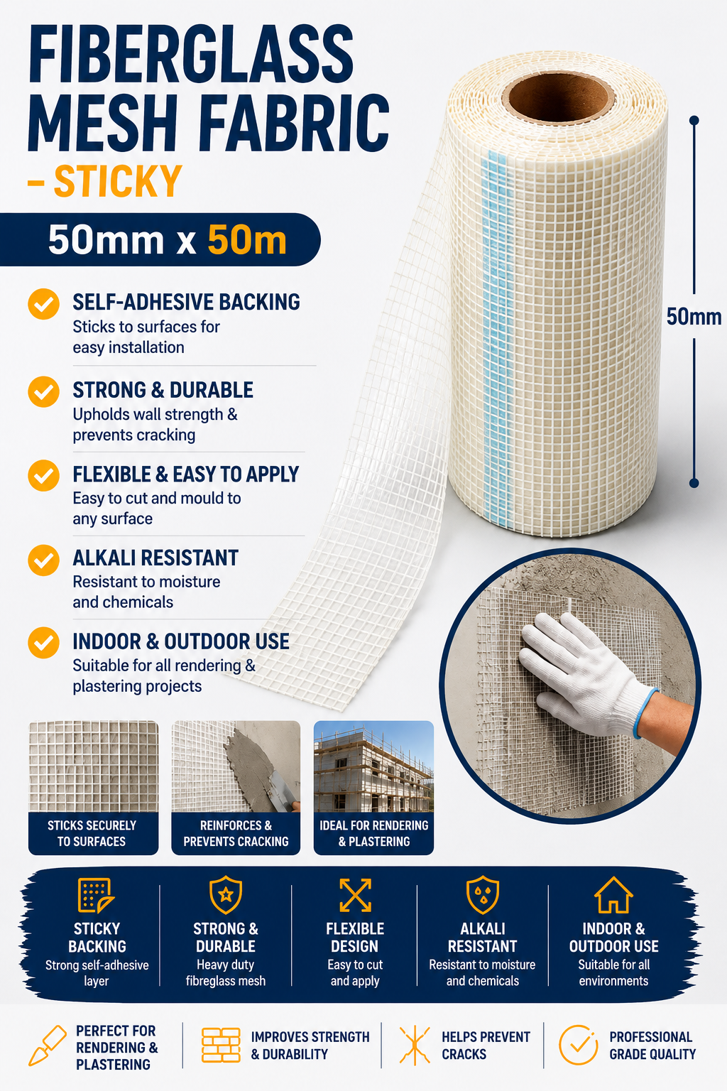 Fibreglass Mesh Tape 50mm x 50m – Self-Adhesive Crack Repair & Plaster Reinforcement