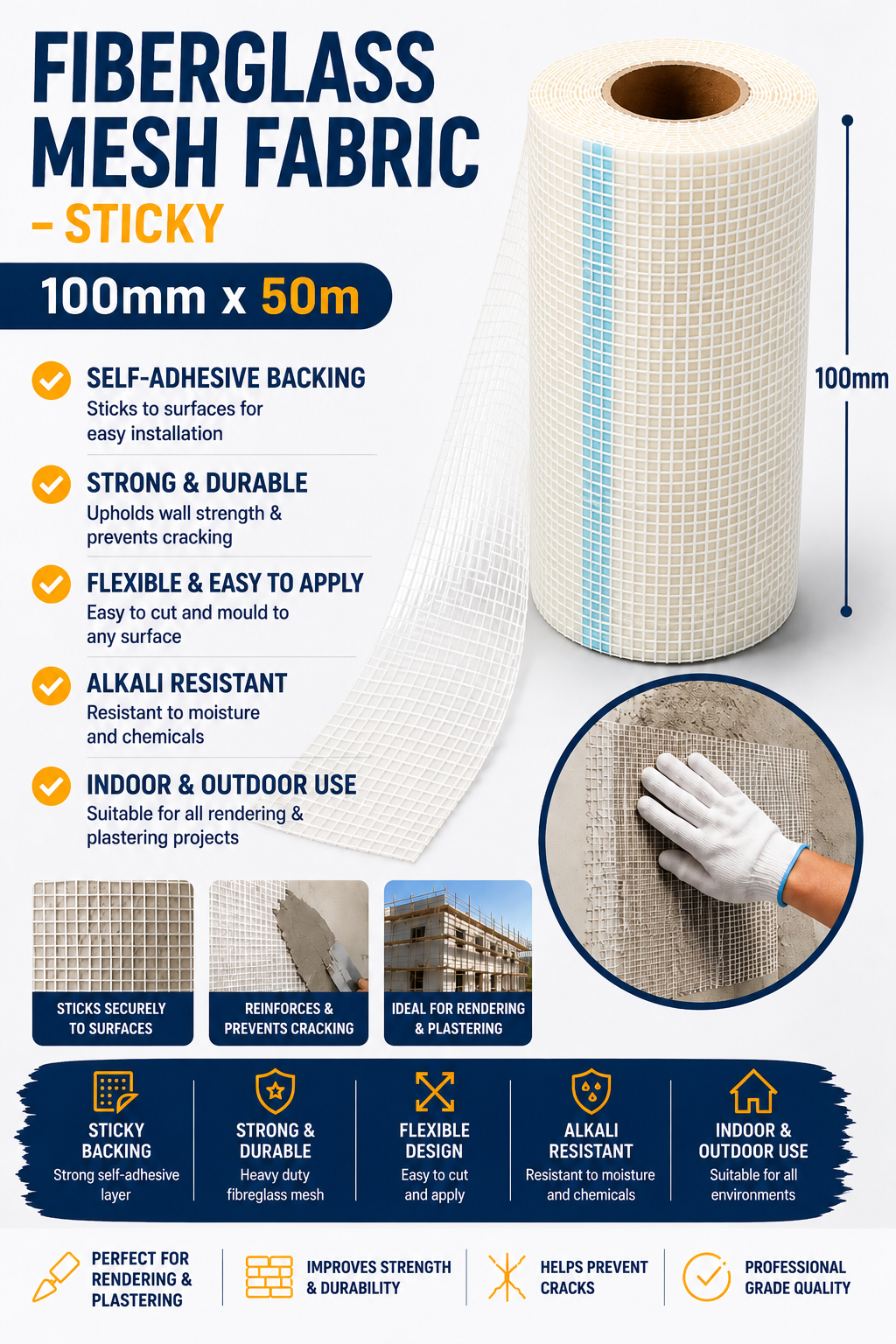 Fibreglass Mesh Fabric 100mm x 50m – Sticky Crack Repair & Reinforcement Tape