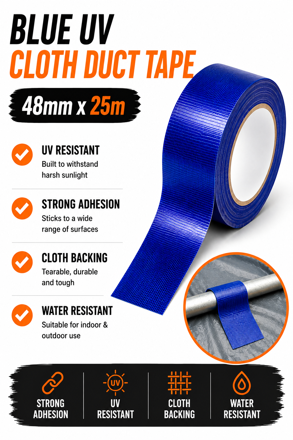 Blue UV Cloth Duct Tape 48mm x 25m – Heavy Duty Outdoor Tape