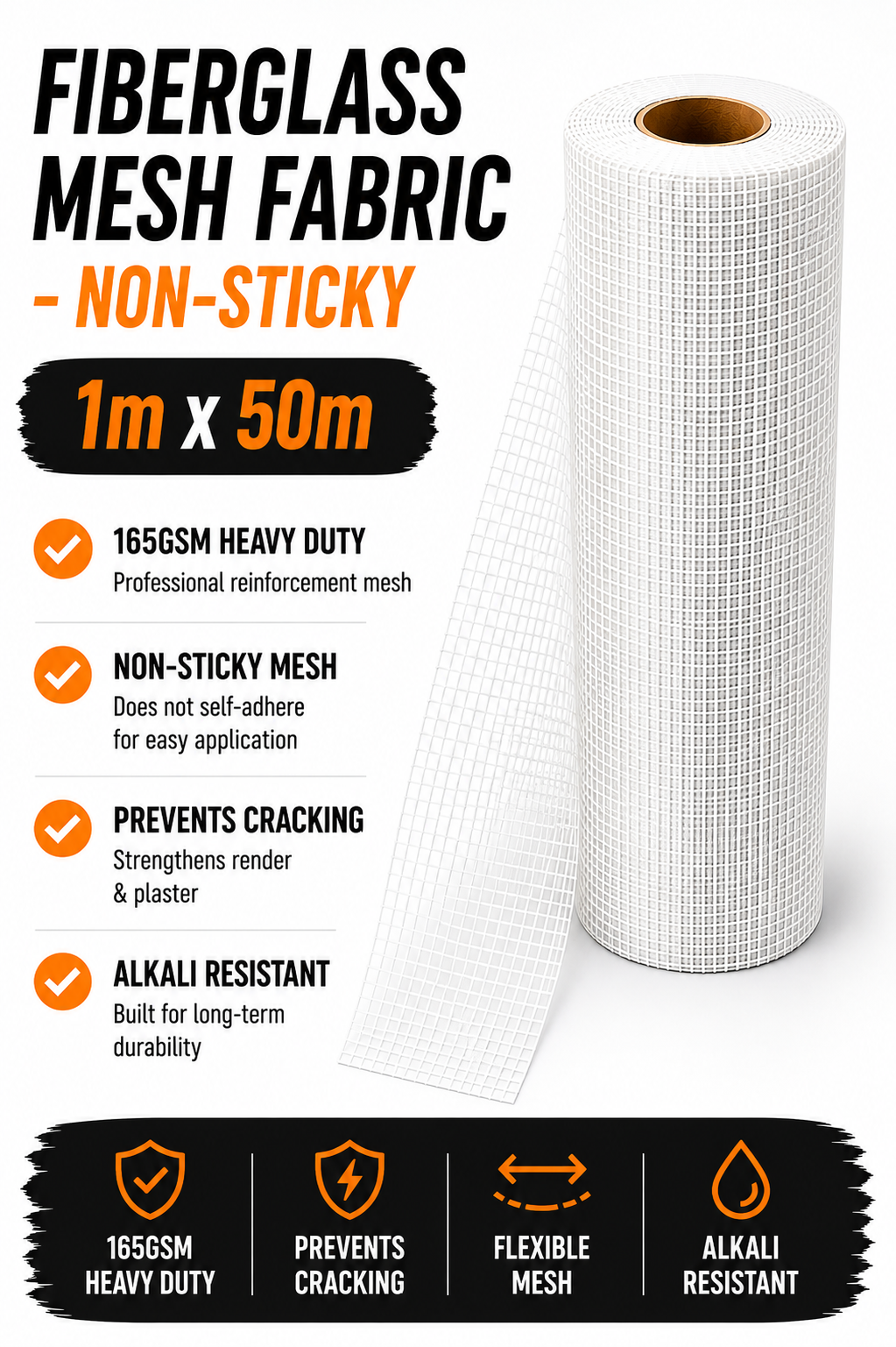Fibreglass Mesh Fabric 1m x 50m – Heavy Duty Reinforcement Mesh
