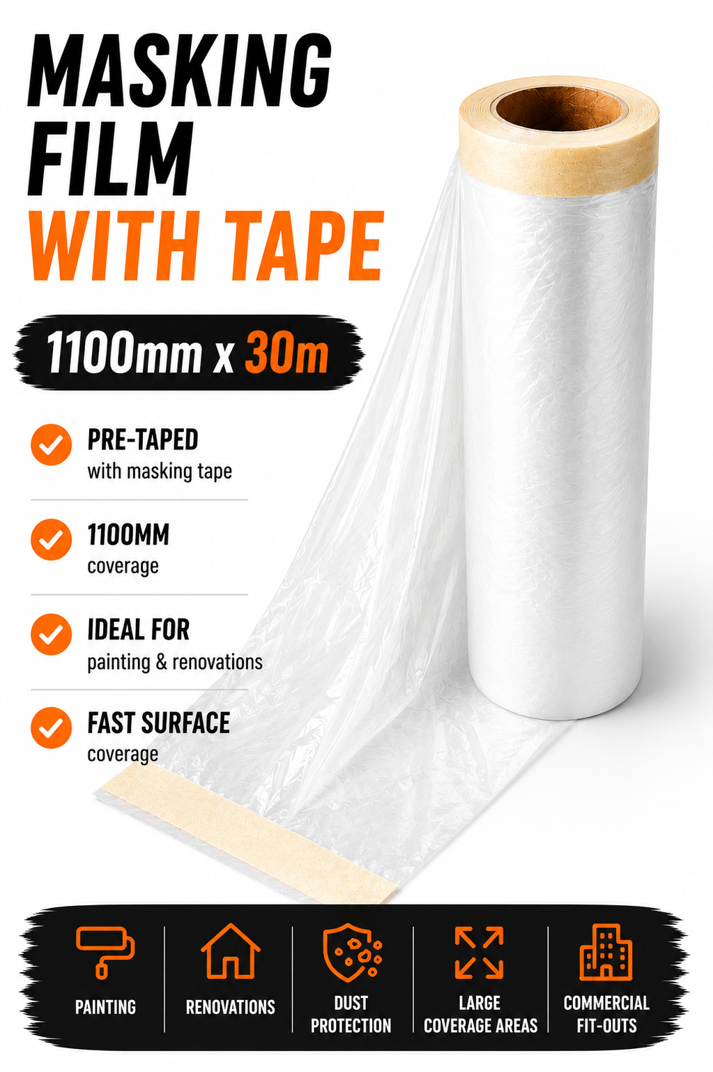 Masking Film with Tape 1100mm x 30m – Pre-Taped Surface Protection Film
