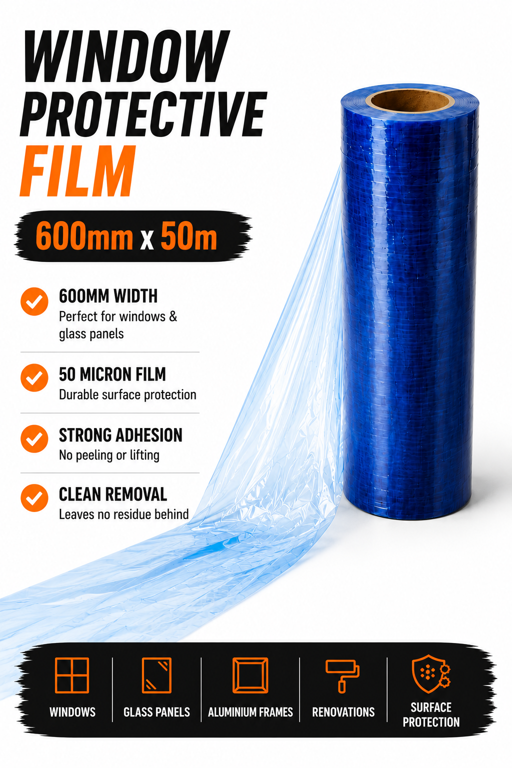 Window Protective Film 600mm x 50m – Blue Surface Protection Film