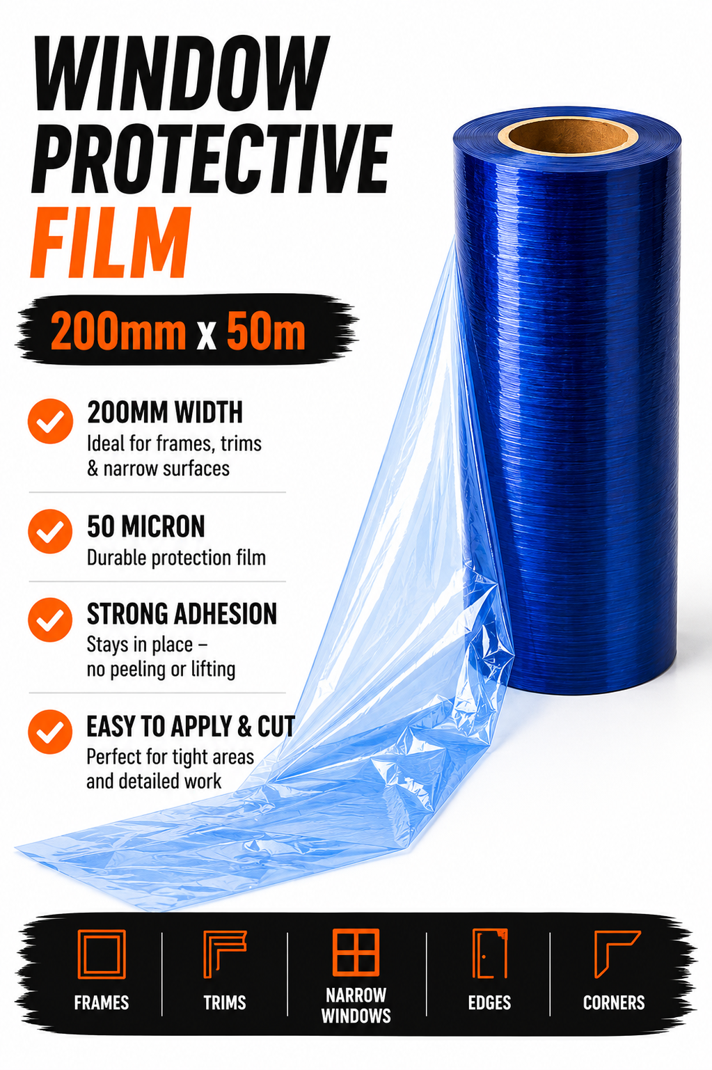 Window Protective Film 200mm x 50m – Narrow Surface Protection Film