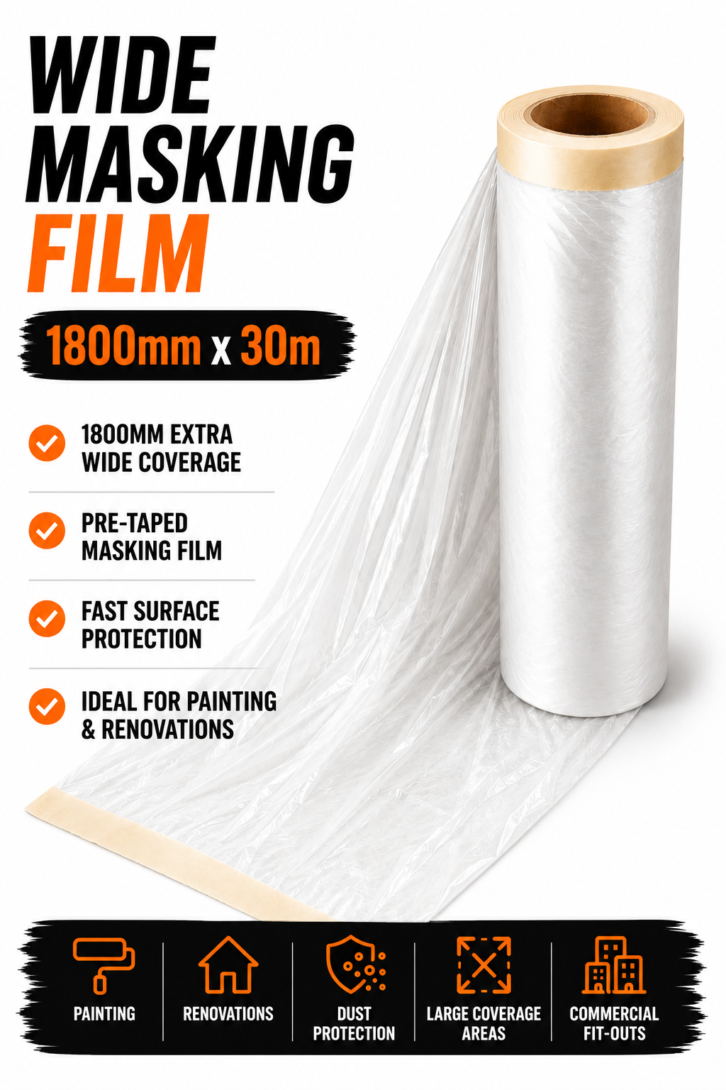 Wide Masking Film 1800mm x 30m – Extra Wide Pre-Taped Protection Film