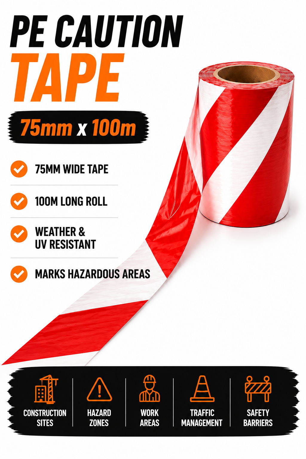 PE Caution Tape 75mm x 100m – High Visibility Safety Tape