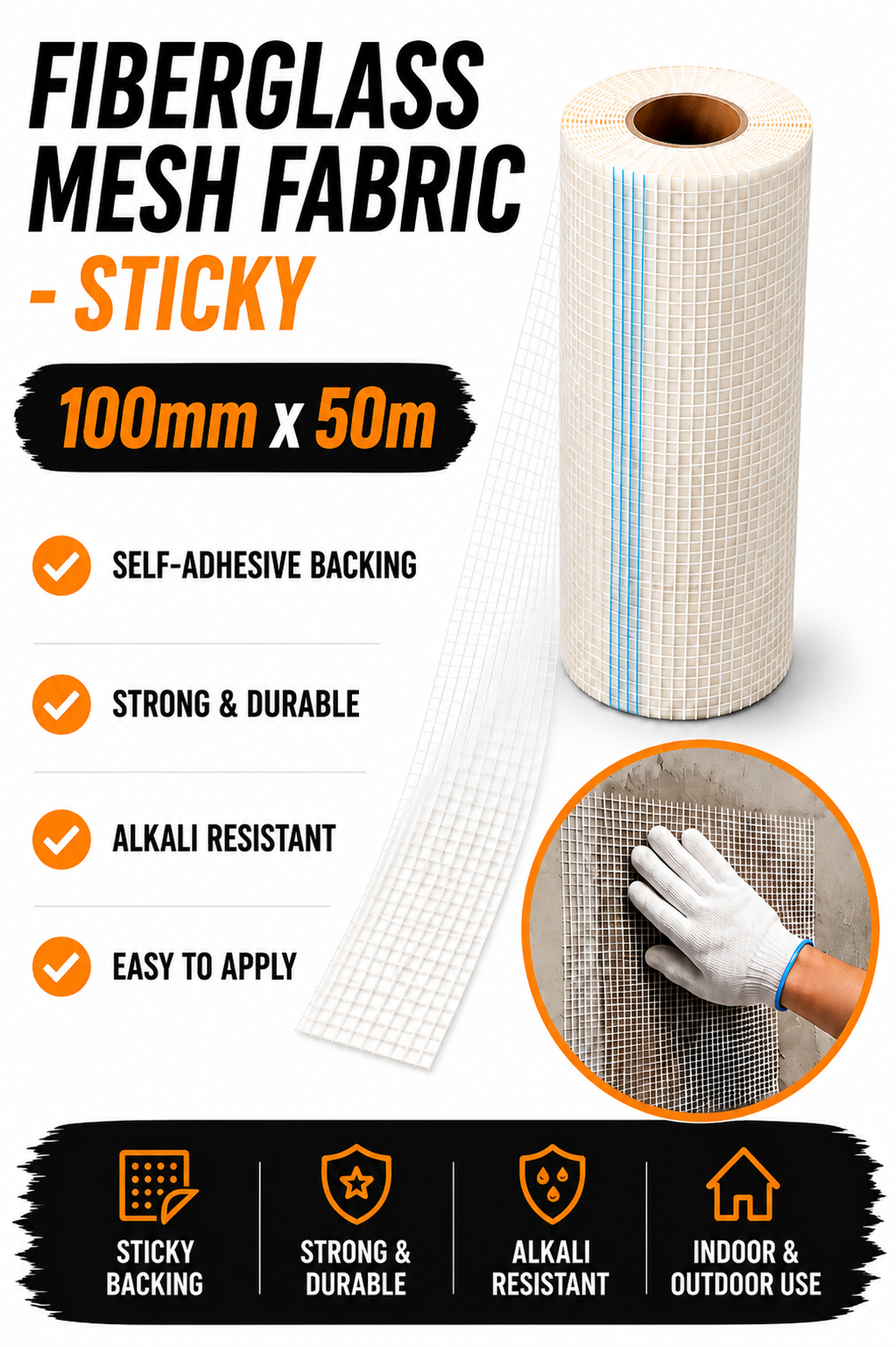 Fibreglass Mesh Fabric 100mm x 50m – Sticky Crack Repair & Reinforcement Tape