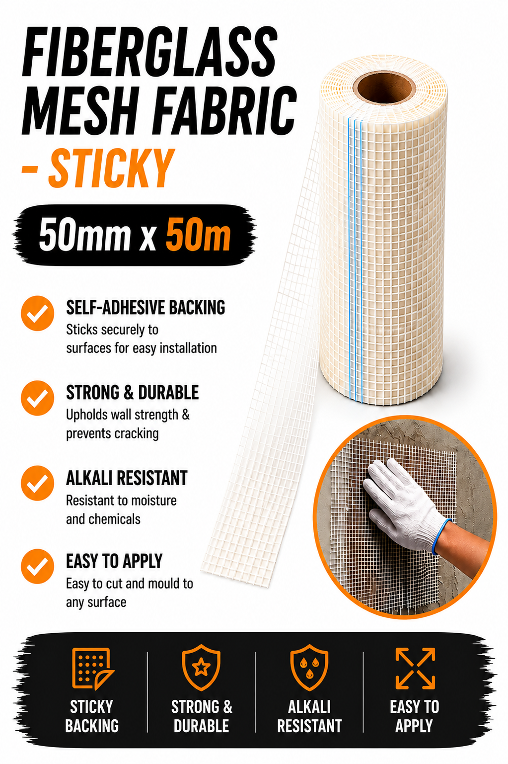 Fibreglass Mesh Tape 50mm x 50m – Self-Adhesive Crack Repair & Reinforcement Tape